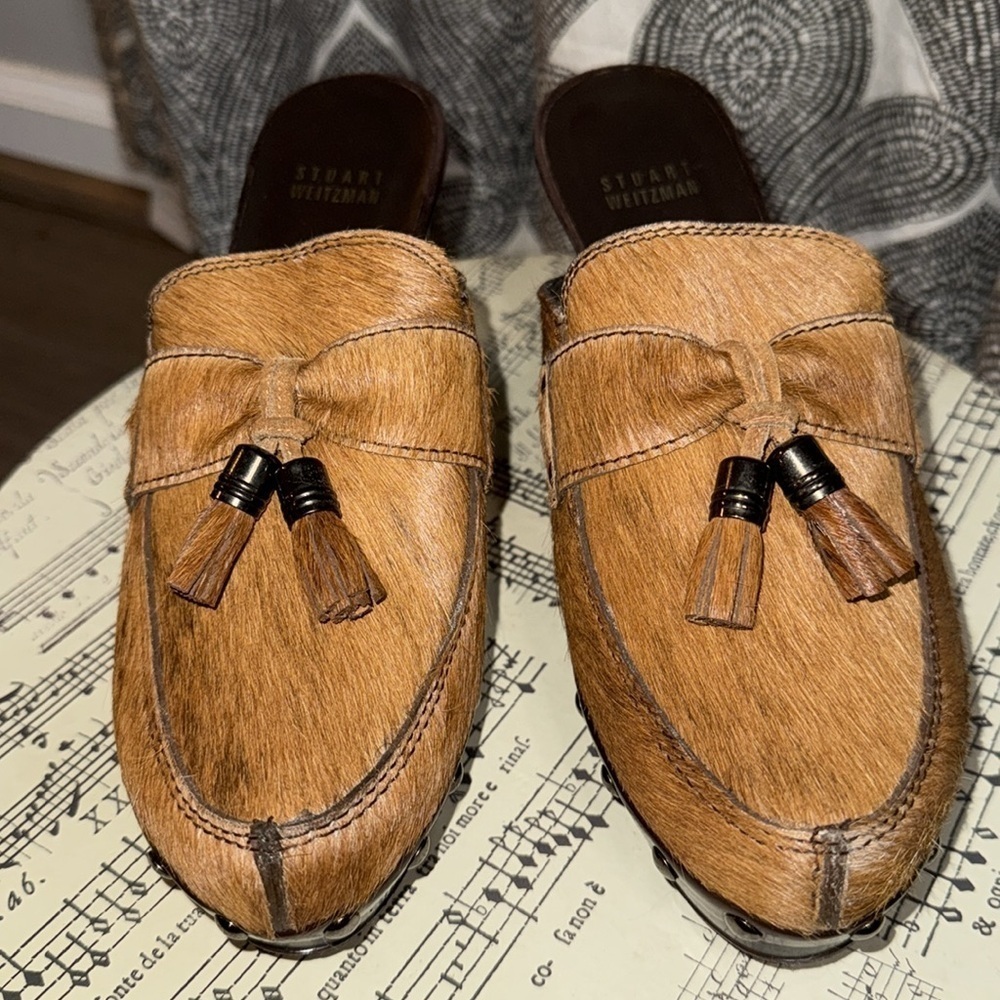 Stuart Weitzman Pony Hair Tassel Heeled Mules SZ 7.5 - Picture 4 of 11